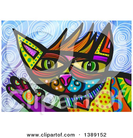 Clipart of a Patterned Cat Waving over Swirls - Royalty Free Illustration by Prawny