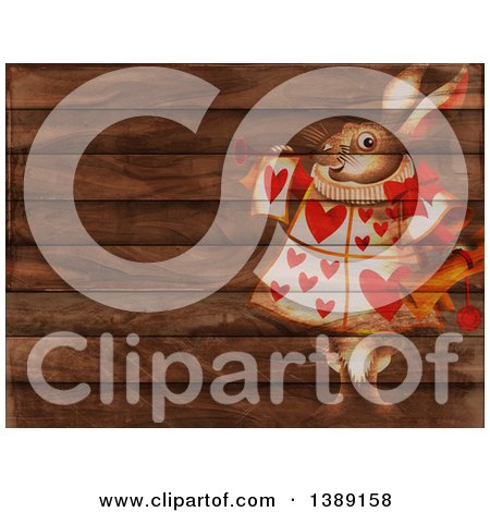 Clipart of a White Herald Rabbit Holding a Scroll and Blowing a Trumpet over a Rustic Wood Panel Background - Royalty Free Illustration by Prawny
