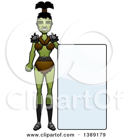 Clipart of a Female Orc by a Blank Sign - Royalty Free Vector Illustration by Cory Thoman