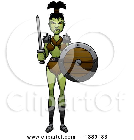 Clipart of a Female Orc Holding a Sword and Shield - Royalty Free Vector Illustration by Cory Thoman