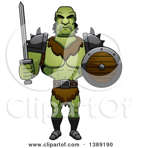 Clipart of a Buff Male Orc Holding a Sword and Shield - Royalty Free Vector Illustration by Cory Thoman