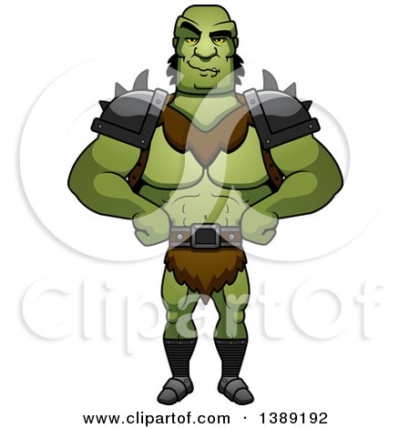 Clipart of a Sly Buff Male Orc with Hands on His Hips - Royalty Free Vector Illustration by Cory Thoman