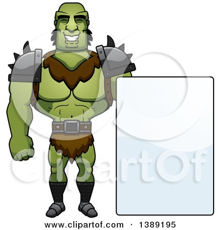 Clipart of a Buff Male Orc with a Blank Sign - Royalty Free Vector Illustration by Cory Thoman