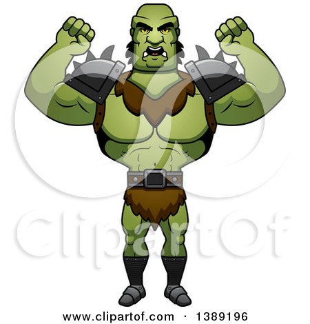 Clipart of a Mad Buff Male Orc Waving His Fists - Royalty Free Vector Illustration by Cory Thoman