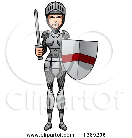 Clipart of a Female Knight Holding a Sword and Shield - Royalty Free Vector Illustration by Cory Thoman