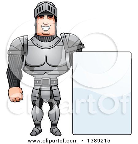 Clipart of a Buff Male Knight by a Blank Sign - Royalty Free Vector Illustration by Cory Thoman