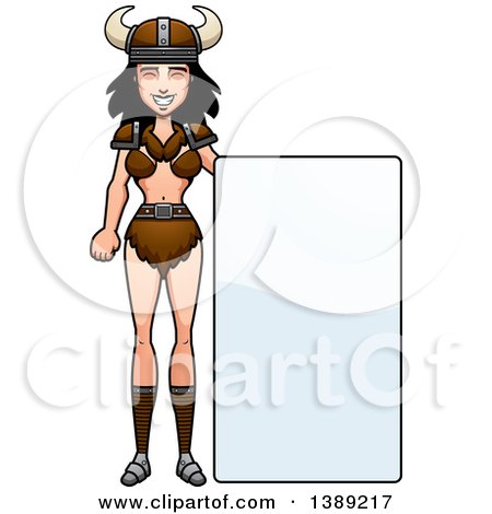 Clipart of a Barbarian Woman by a Blank Sign - Royalty Free Vector Illustration by Cory Thoman