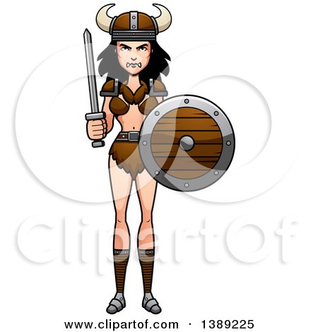 Clipart of a Barbarian Woman Holding a Sword and Shield - Royalty Free Vector Illustration by Cory Thoman