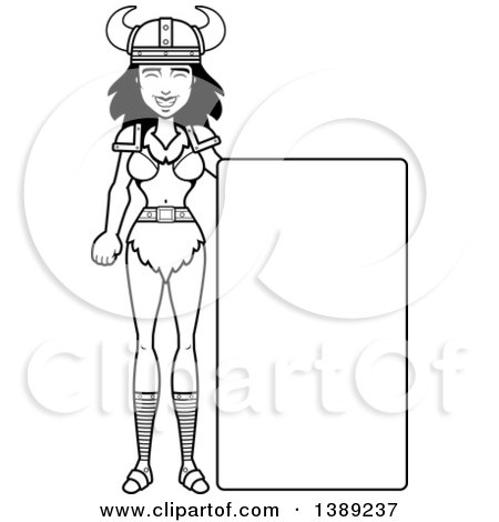 Clipart of a Black and White Lineart Barbarian Woman by a Blank Sign - Royalty Free Vector Illustration by Cory Thoman