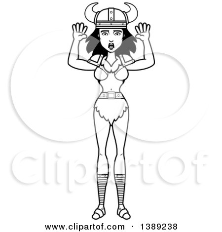Clipart of a Black and White Lineart Scared Barbarian Woman - Royalty Free Vector Illustration by Cory Thoman