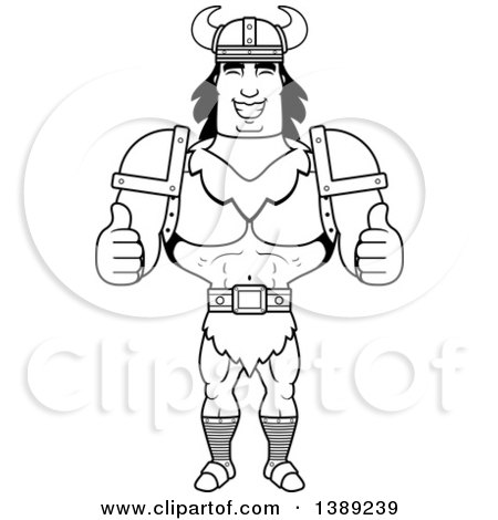 Clipart of a Black and White Lineart Buff Barbarian Man Giving Two Thumbs up - Royalty Free Vector Illustration by Cory Thoman