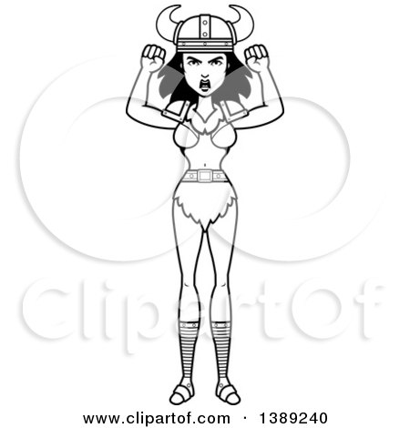 Clipart of a Black and White Lineart Mad Barbarian Woman Waving Her Fists - Royalty Free Vector Illustration by Cory Thoman