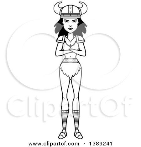 Clipart of a Black and White Lineart Barbarian Woman with Folded Arms - Royalty Free Vector Illustration by Cory Thoman