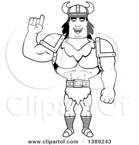 Clipart of a Black and White Lineart Buff Barbarian Man Holding up a Finger - Royalty Free Vector Illustration by Cory Thoman