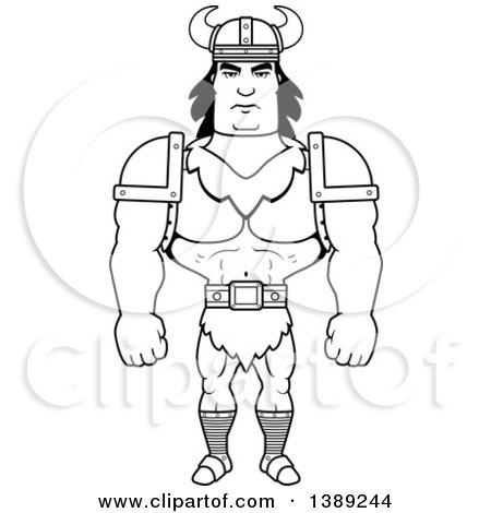 Clipart of a Black and White Lineart Muscular Barbarian Man - Royalty Free Vector Illustration by Cory Thoman