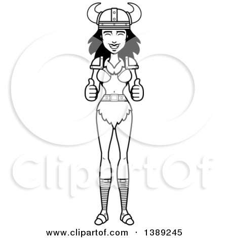 Clipart of a Black and White Lineart Barbarian Woman Giving Two Thumbs up - Royalty Free Vector Illustration by Cory Thoman