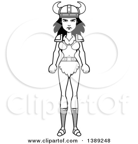 Clipart of a Black and White Lineart Barbarian Woman - Royalty Free Vector Illustration by Cory Thoman