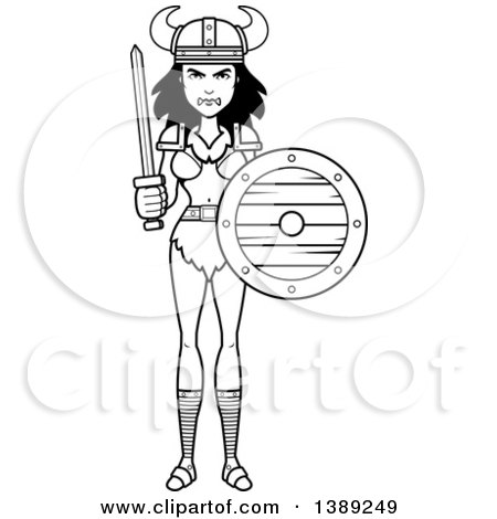 Clipart of a Black and White Lineart Barbarian Woman Holding a Sword and Shield - Royalty Free Vector Illustration by Cory Thoman