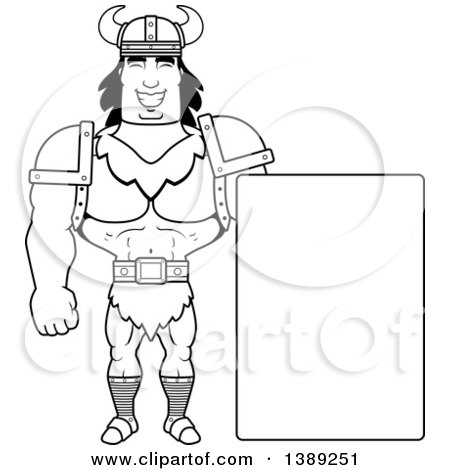 Clipart of a Black and White Lineart Buff Barbarian Man by a Blank Sign - Royalty Free Vector Illustration by Cory Thoman