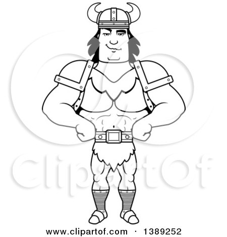 Clipart of a Black and White Lineart Sly Buff Barbarian Man - Royalty Free Vector Illustration by Cory Thoman