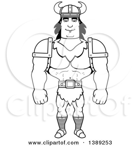 Clipart of a Black and White Lineart Buff Barbarian Man - Royalty Free Vector Illustration by Cory Thoman