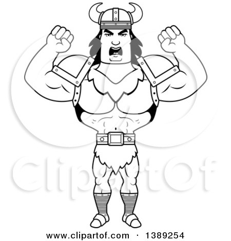 Clipart of a Black and White Lineart Buff Angry Barbarian Man Waving His Fists - Royalty Free Vector Illustration by Cory Thoman