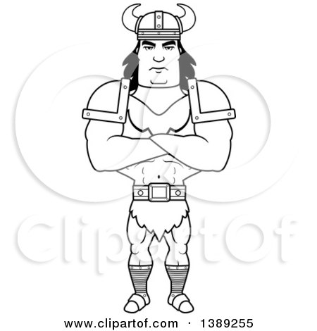 Clipart of a Black and White Lineart Buff Barbarian Man with Folded Arms - Royalty Free Vector Illustration by Cory Thoman