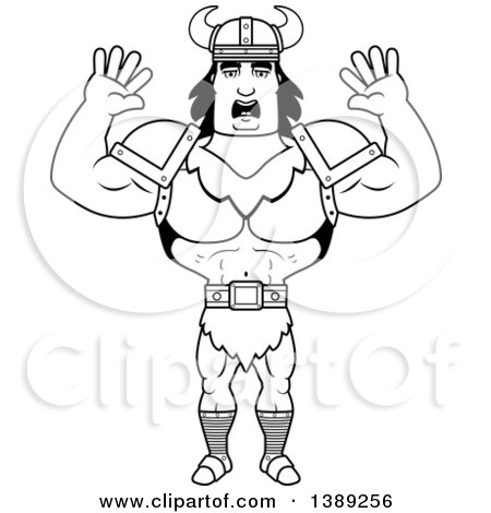 Clipart of a Black and White Lineart Scared Buff Barbarian Man - Royalty Free Vector Illustration by Cory Thoman