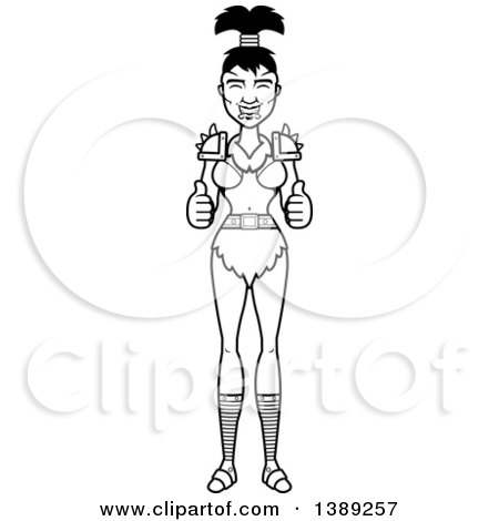 Clipart of a Black and White Lineart Female Orc Giving Two Thumbs up - Royalty Free Vector Illustration by Cory Thoman