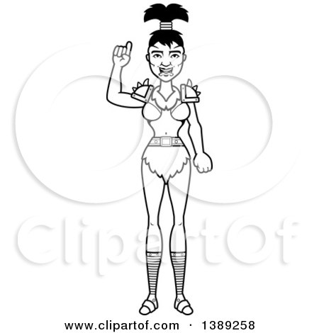 Clipart of a Black and White Lineart Female Orc Holding up a Finger - Royalty Free Vector Illustration by Cory Thoman