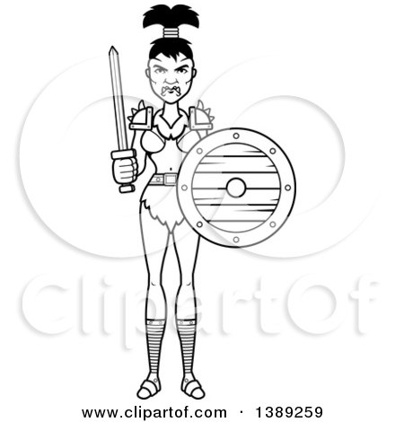 Clipart of a Black and White Lineart Female Orc Holding a Sword and Shield - Royalty Free Vector Illustration by Cory Thoman