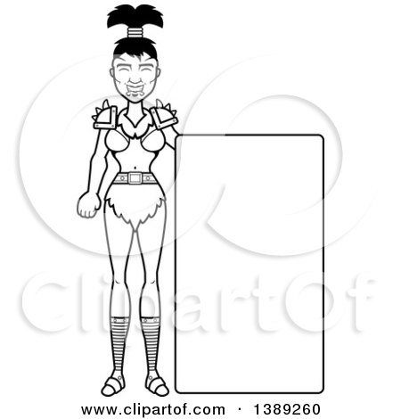 Clipart of a Black and White Lineart Female Orc by a Blank Sign - Royalty Free Vector Illustration by Cory Thoman