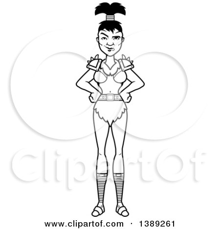 Clipart of a Black and White Lineart Sly Female Orc with Hands on Her Hips - Royalty Free Vector Illustration by Cory Thoman