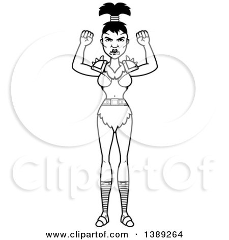 Clipart of a Black and White Lineart Mad Female Orc Waving Her Fists - Royalty Free Vector Illustration by Cory Thoman