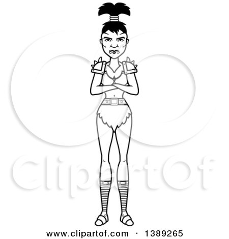 Clipart of a Black and White Lineart Female Orc with Folded Arms - Royalty Free Vector Illustration by Cory Thoman