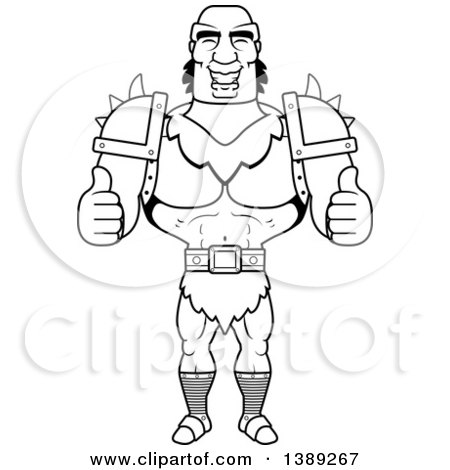Clipart of a Black and White Lineart Buff Male Orc Giving Two Thumbs up - Royalty Free Vector Illustration by Cory Thoman