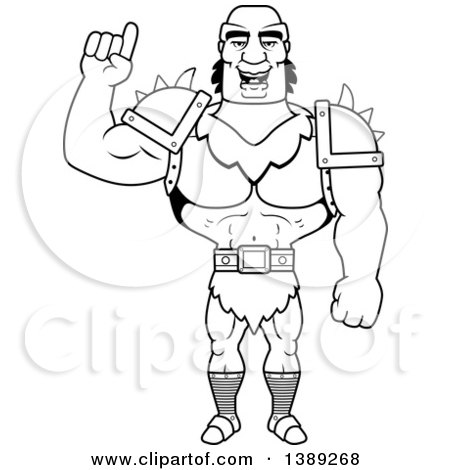Clipart of a Black and White Lineart Buff Male Orc Holding up a Finger - Royalty Free Vector Illustration by Cory Thoman