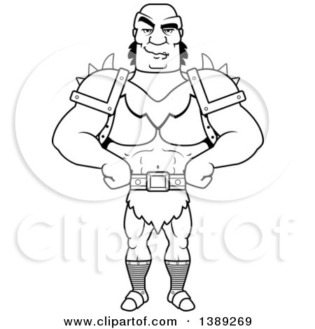 Clipart of a Black and White Lineart Sly Buff Male Orc with Hands on His Hips - Royalty Free Vector Illustration by Cory Thoman