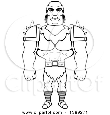 Clipart of a Black and White Lineart Buff Male Orc - Royalty Free Vector Illustration by Cory Thoman