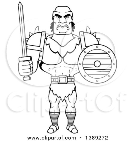 Clipart of a Black and White Lineart Buff Male Orc Holding a Sword and Shield - Royalty Free Vector Illustration by Cory Thoman