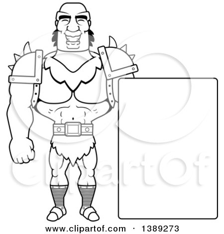 Clipart of a Black and White Lineart Buff Male Orc with a Blank Sign - Royalty Free Vector Illustration by Cory Thoman