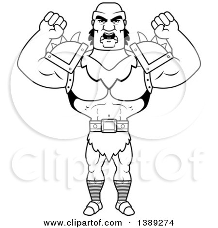 Clipart of a Black and White Lineart Mad Buff Male Orc Waving His Fists - Royalty Free Vector Illustration by Cory Thoman