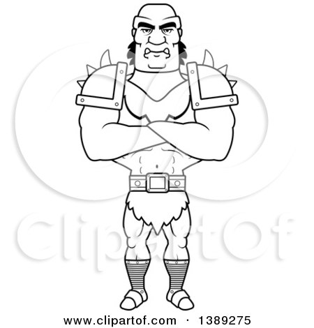 Clipart of a Black and White Lineart Buff Male Orc with Folded Arms - Royalty Free Vector Illustration by Cory Thoman