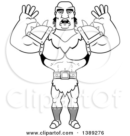 Clipart of a Black and White Lineart Scared Buff Male Orc - Royalty Free Vector Illustration by Cory Thoman