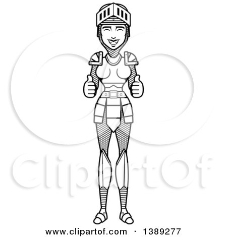 Clipart of a Black and White Lineart Female Knight Giving Two Thumbs up - Royalty Free Vector Illustration by Cory Thoman