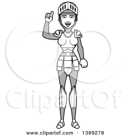 Clipart of a Black and White Lineart Female Knight Holding up a Finger - Royalty Free Vector Illustration by Cory Thoman