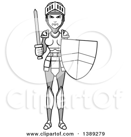 Clipart of a Black and White Lineart Female Knight Holding a Sword and Shield - Royalty Free Vector Illustration by Cory Thoman