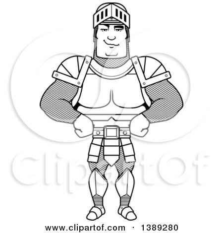 Clipart of a Black and White Lineart Sly Buff Male Knight with Hands on His Hips - Royalty Free Vector Illustration by Cory Thoman