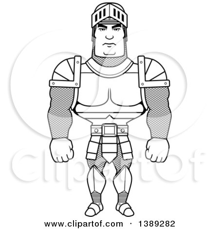 Clipart of a Black and White Lineart Buff Male Knight - Royalty Free Vector Illustration by Cory Thoman