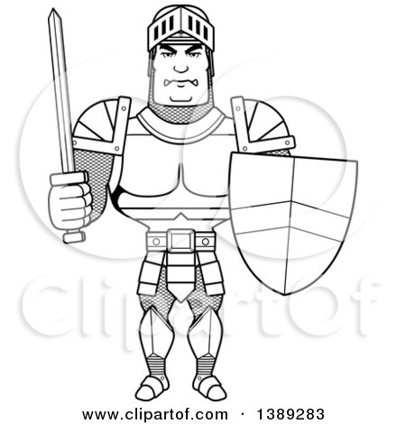 Clipart of a Black and White Lineart Buff Male Knight Holding a Sword and Shield - Royalty Free Vector Illustration by Cory Thoman